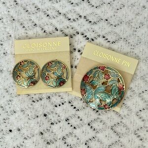 Cloisonné Butterfly & Flower Set Pin and Earrings